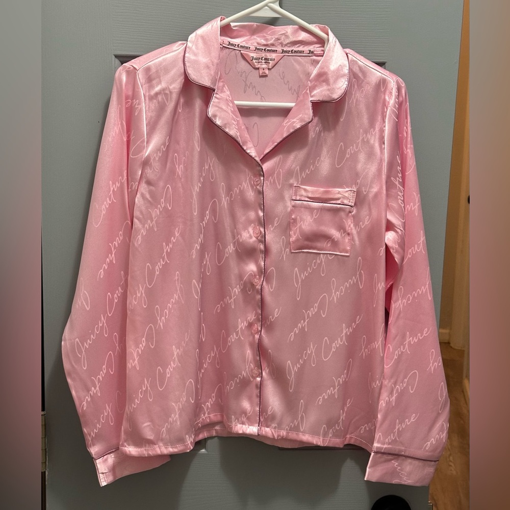 Juicy Couture Pajama Gown Women’s Small Pink Satin Sleepwear Shirt Button Down